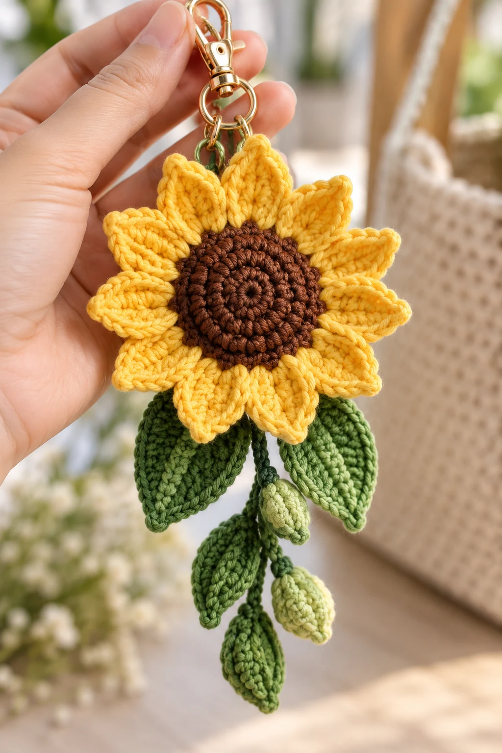 Sunflower Bag Charm With Dangling Green Leaves — crochet sunflower bag charm style outfit