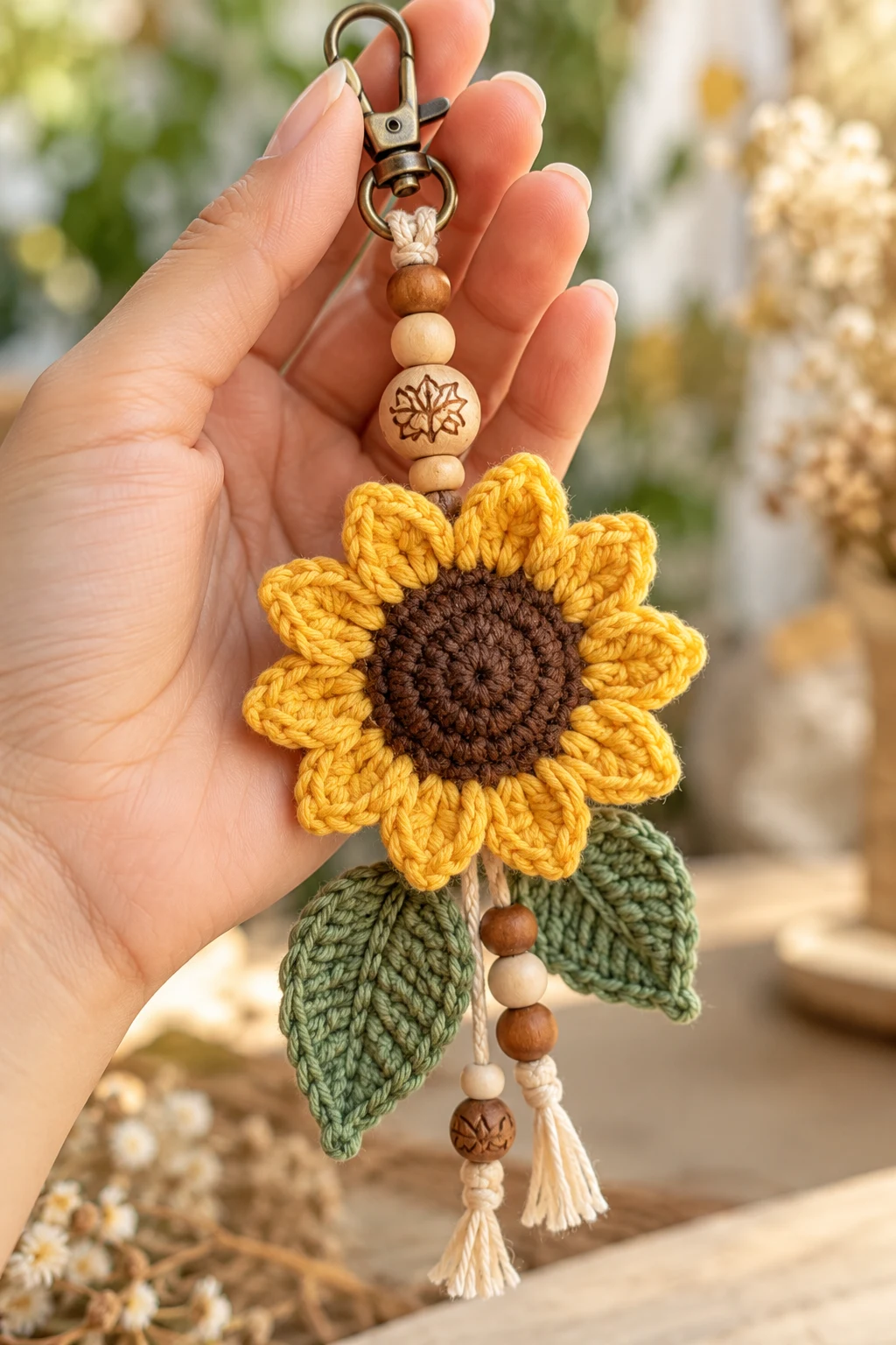 Boho Sunflower Charm With Wooden Beads — crochet sunflower bag charm style outfit