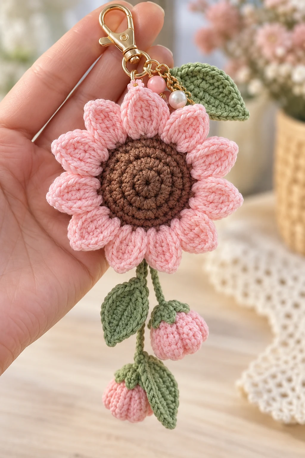 Pastel Pink Sunflower Crochet Bag Charm — crochet sunflower bag charm style outfit