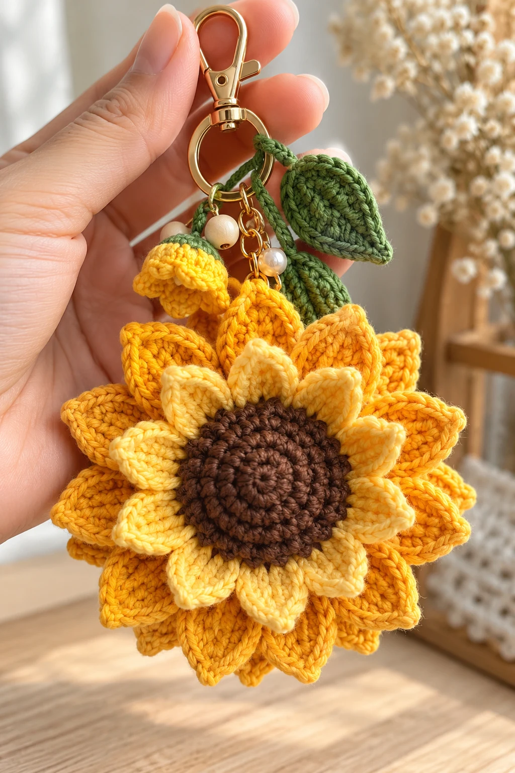 Double-Layered 3D Sunflower Bag Charm — crochet sunflower bag charm style outfit