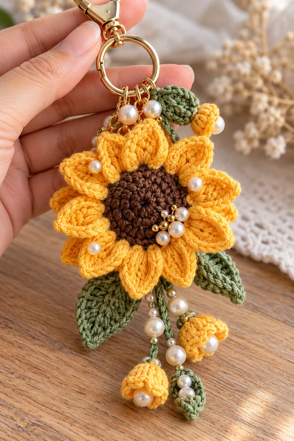 Sunflower Charm With Pearl Bead Accents — crochet sunflower bag charm style outfit
