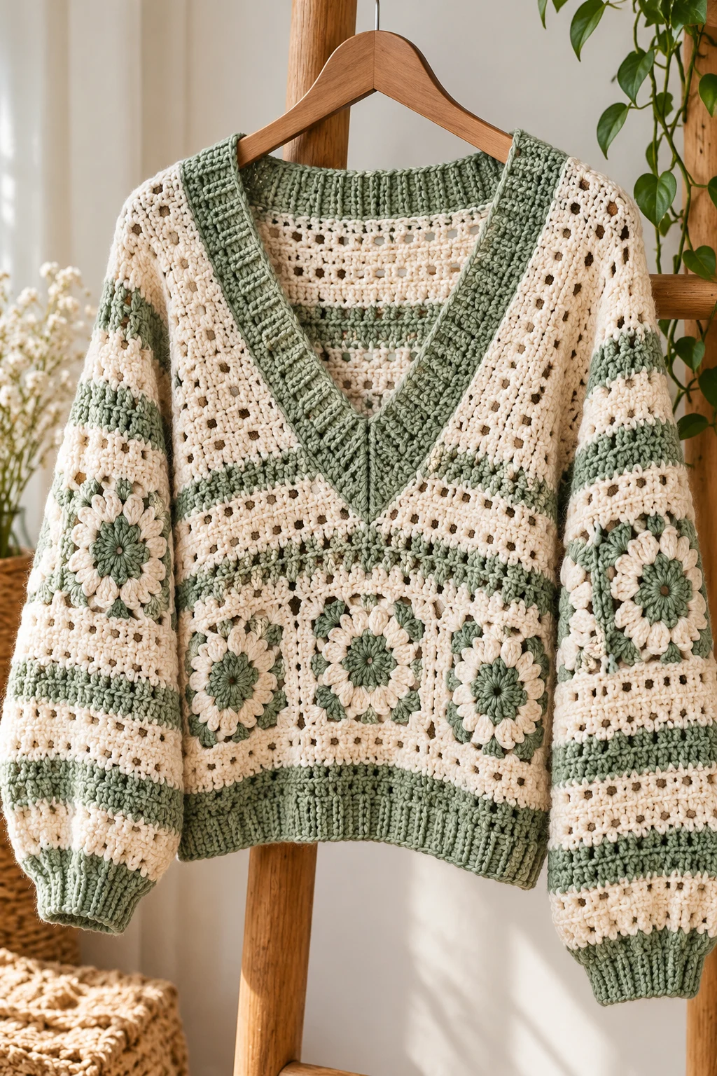 The Elegant V-Neck Pullover — crochet sweater design ideas style outfit