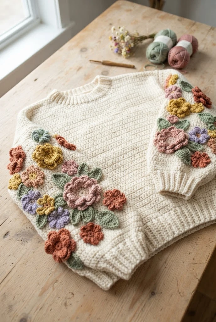 Statement Sleeve Floral Appliqué Sweater — Crochet Sweater Designs style outfit