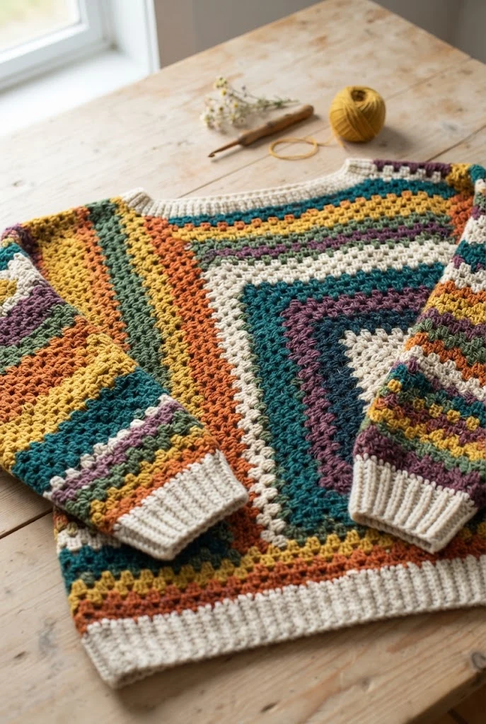 Patchwork Granny Stripe Pullover — Crochet Sweater Designs style outfit