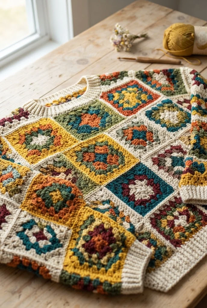 Vintage Granny Square Panel Sweater — Crochet Sweater Designs style outfit