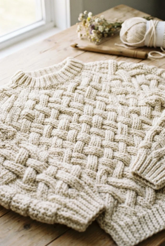 Chunky Cable-Look Basketweave Sweater — Crochet Sweater Designs style outfit