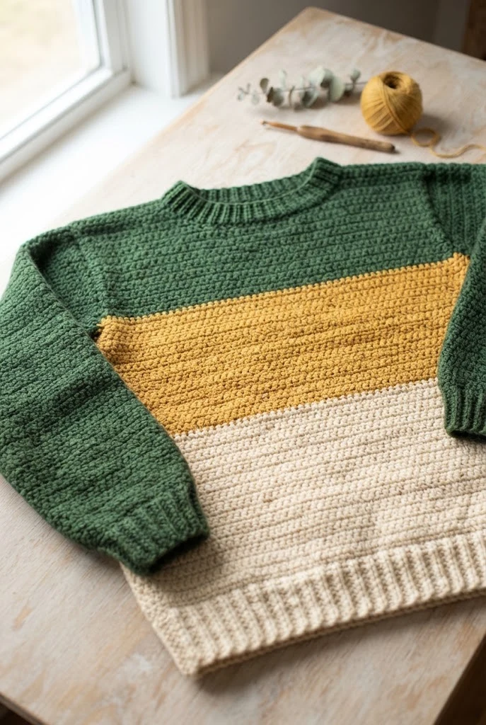 Color-Blocked Drop-Sleeve Crewneck — Crochet Sweater Designs style outfit