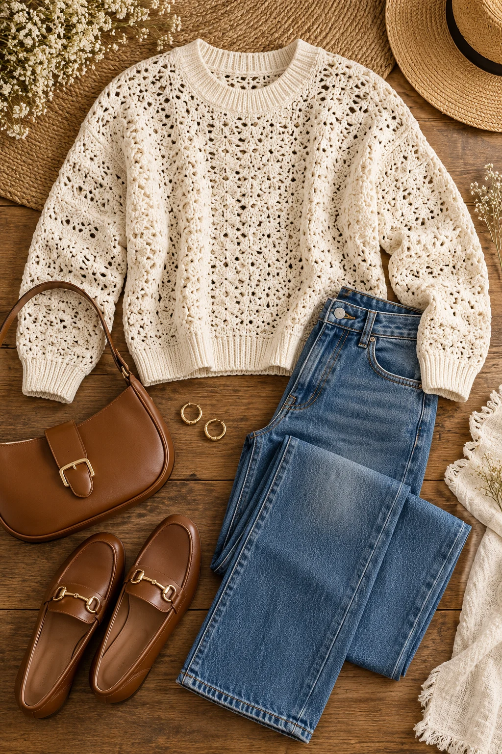 Cream Crochet Sweater With Straight-Leg Jeans — crochet sweater outfit style outfit