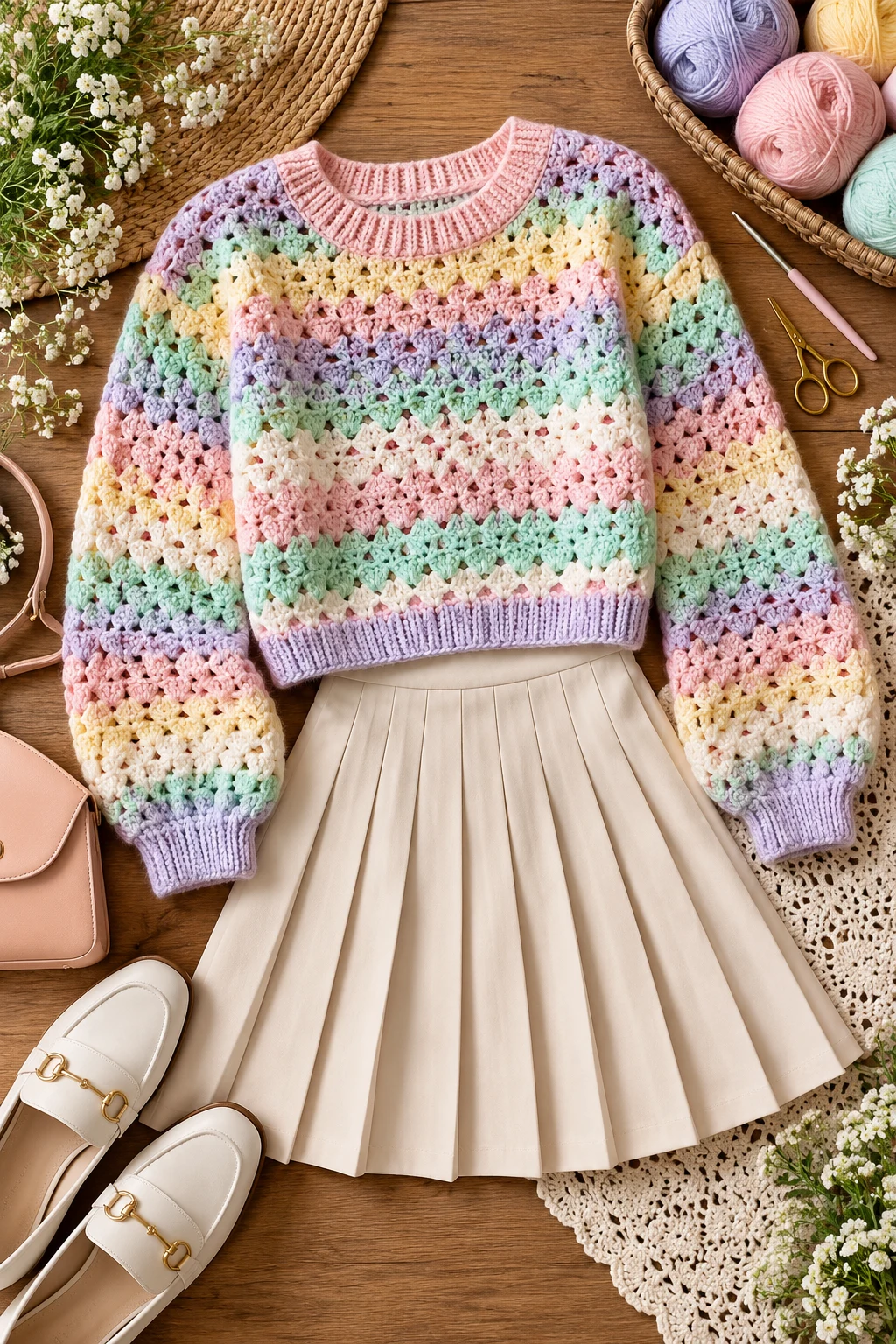 Pastel Crochet Sweater With a Pleated Skirt — crochet sweater outfit style outfit
