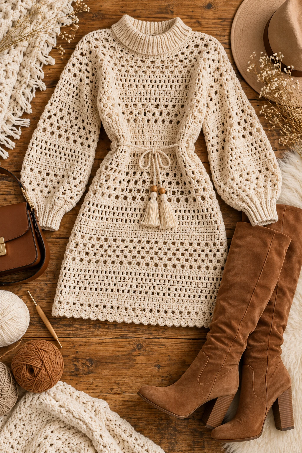 Crochet Sweater Dress With Tall Boots — crochet sweater outfit style outfit