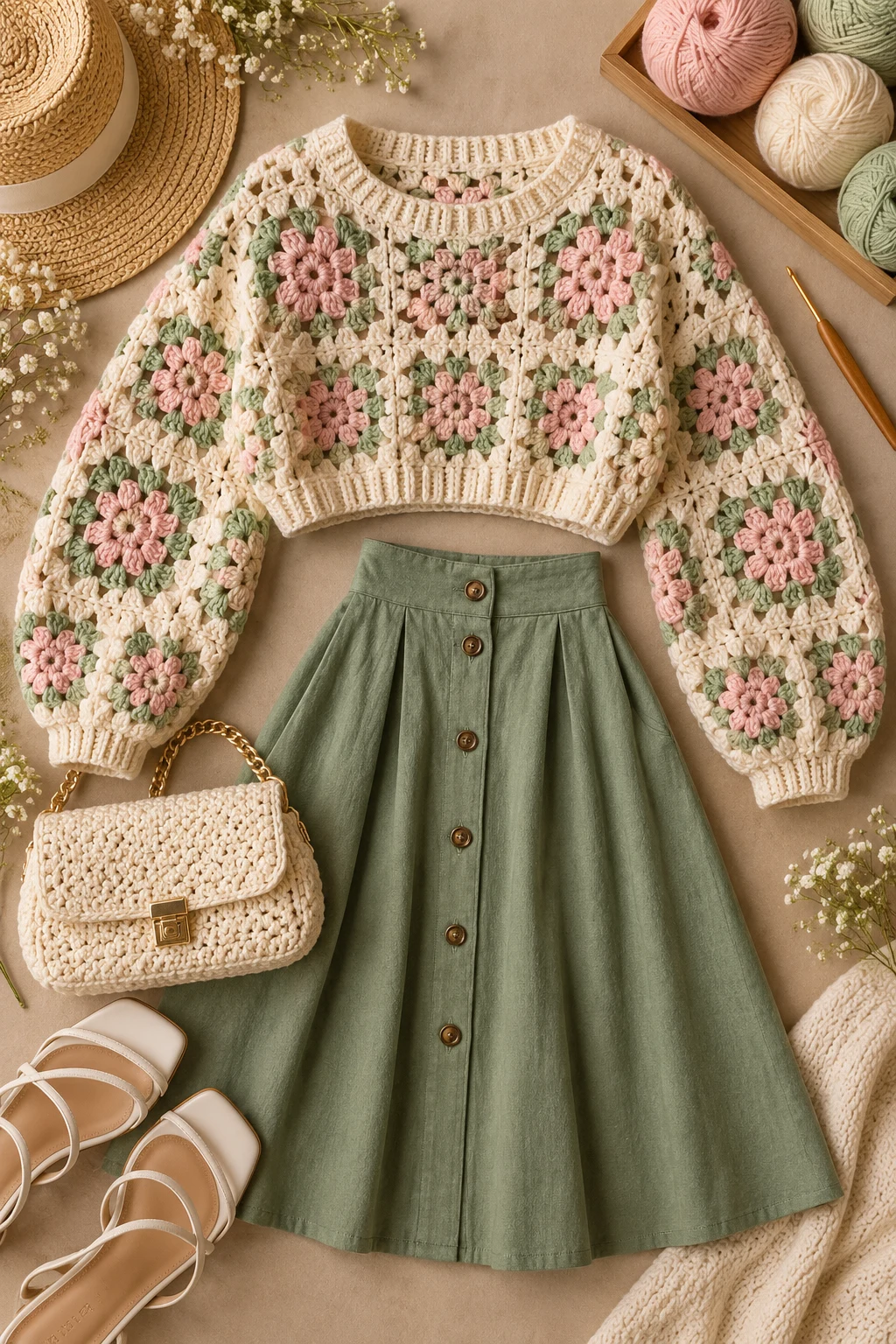 Cropped Crochet Sweater With High-Waisted Skirt — crochet sweater outfit style outfit