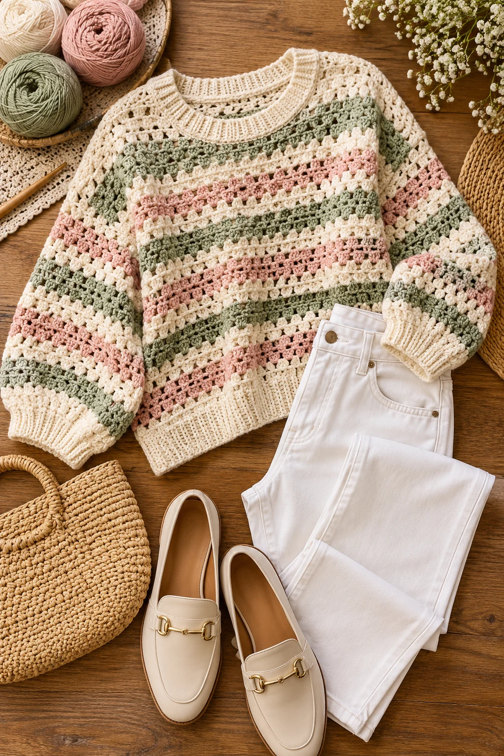 Crochet Sweater With White Jeans and Loafers — crochet sweater outfit style outfit