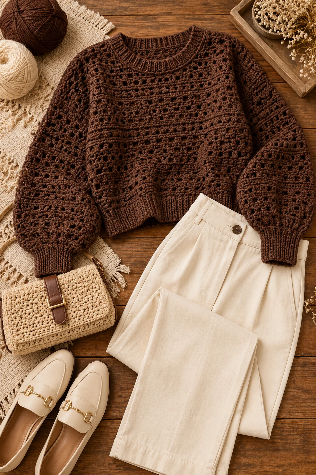 Chocolate Brown Crochet Sweater With Cream Trousers — crochet sweater outfit style outfit