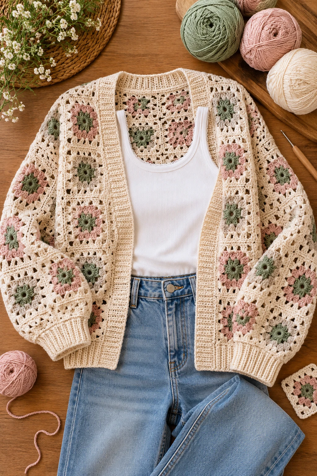 Crochet Cardigan Over a White Tank — crochet sweater outfit style outfit