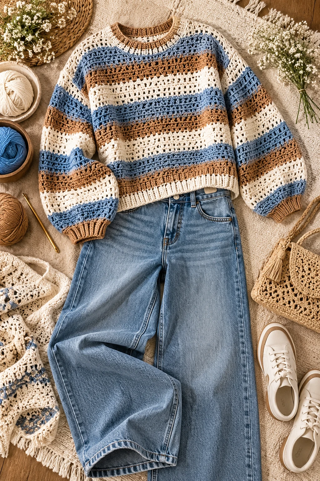 Striped Crochet Sweater With Wide-Leg Denim — crochet sweater outfit style outfit