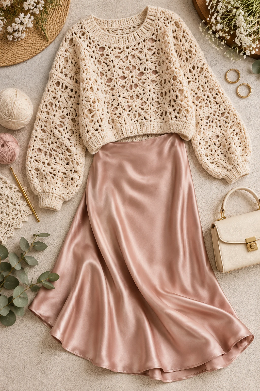 Crochet Sweater With a Satin Midi Skirt — crochet sweater outfit style outfit