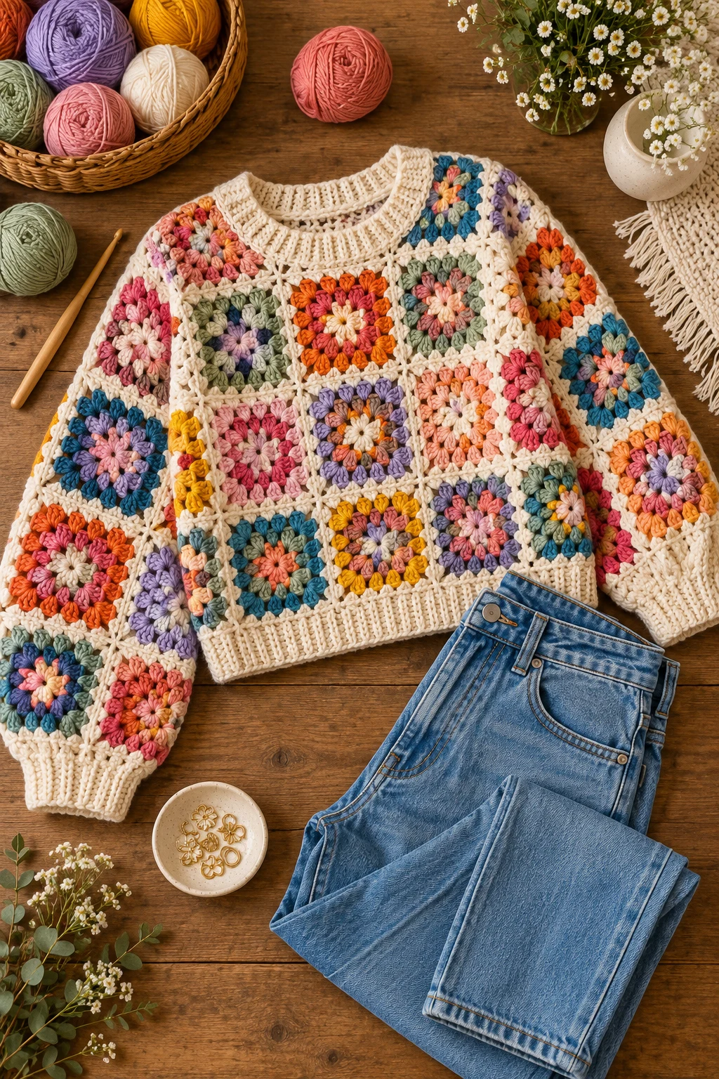 Colorful Granny Square Crochet Sweater With Denim — crochet sweater outfit style outfit