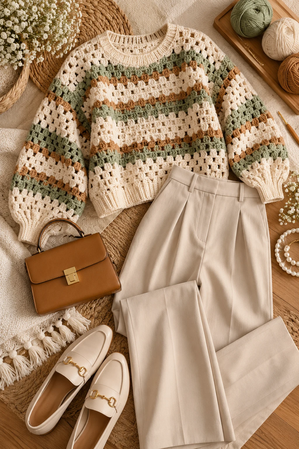Crochet Jumper Outfit With Tailored Trousers — crochet sweater outfit style outfit