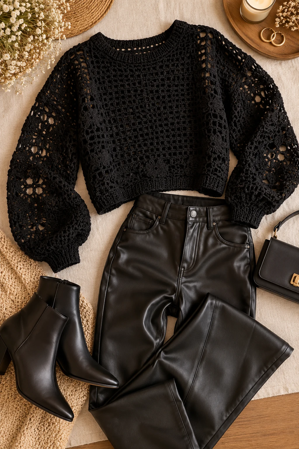 Black Crochet Sweater With Leather Pants — crochet sweater outfit style outfit