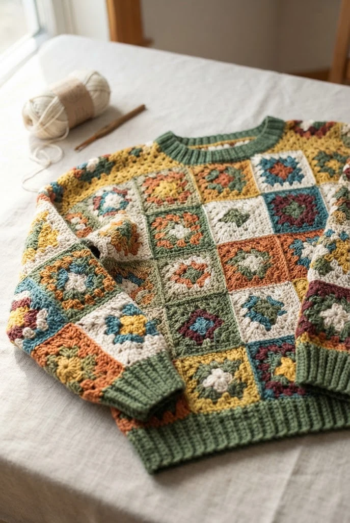 Classic Granny Square Pullover — crochet sweater step by step style outfit