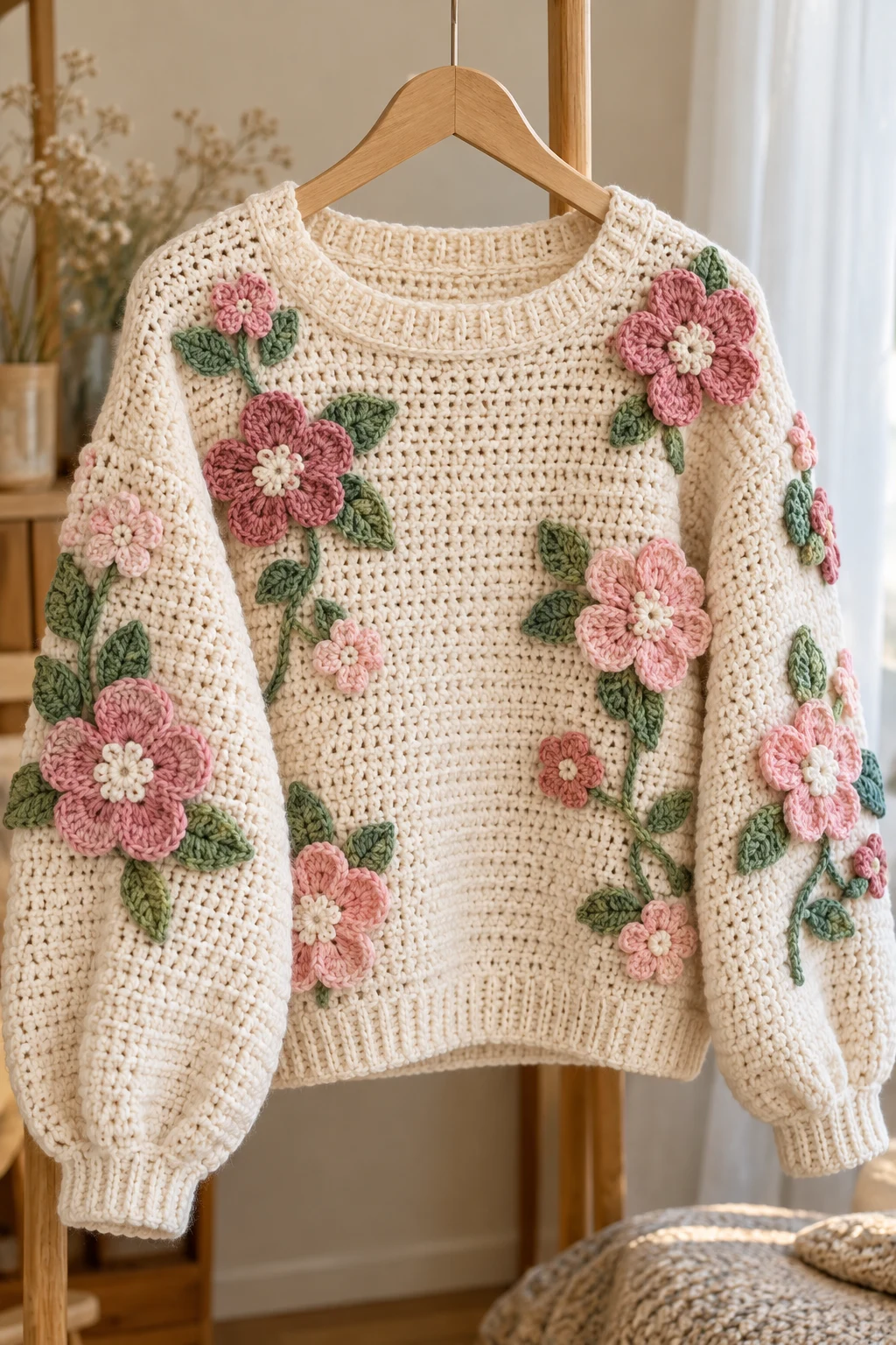 The Floral Appliqué Crochet Sweatshirt — crochet sweatshirt style outfit