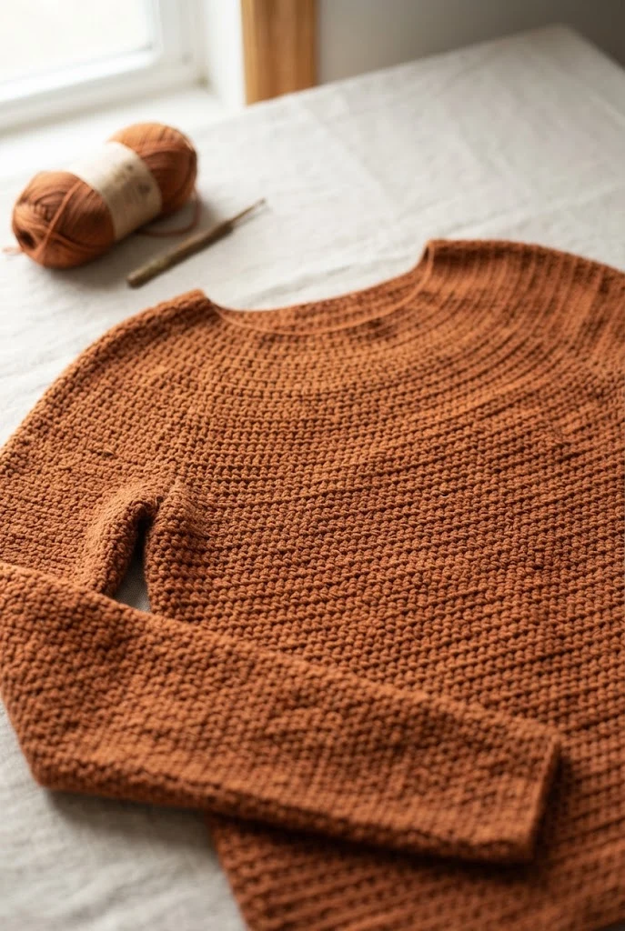 The Burnt Orange Yoke Sweater — crochet top for winter style outfit
