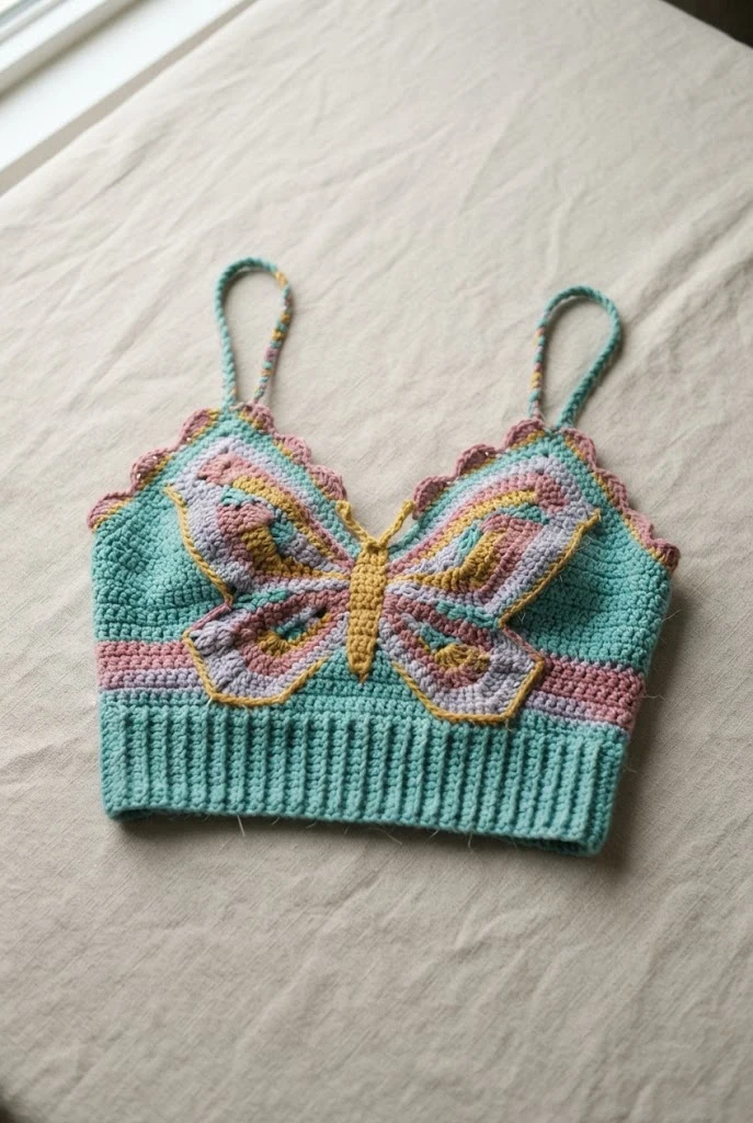 Y2K Butterfly Crop Top — Crochet Tops Aesthetic style outfit
