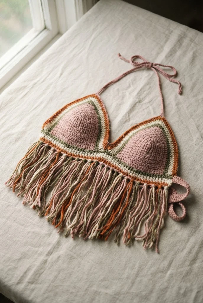 Boho Fringe Triangle crop top — Crochet Tops Aesthetic style outfit