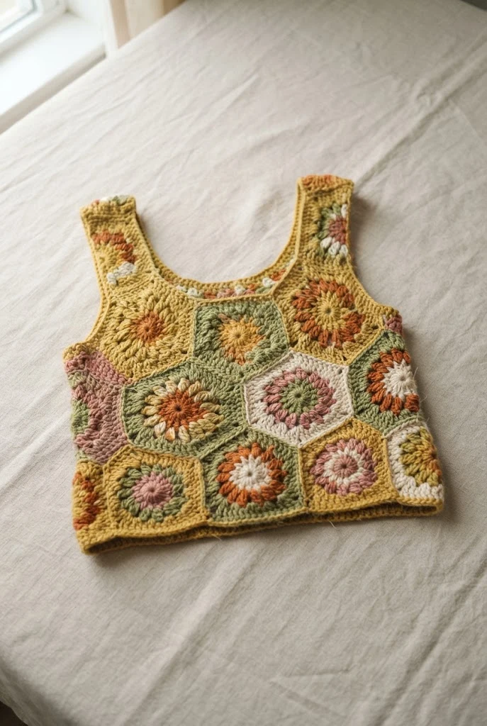 70s Retro Sunburst Shell — Crochet Tops Aesthetic style outfit