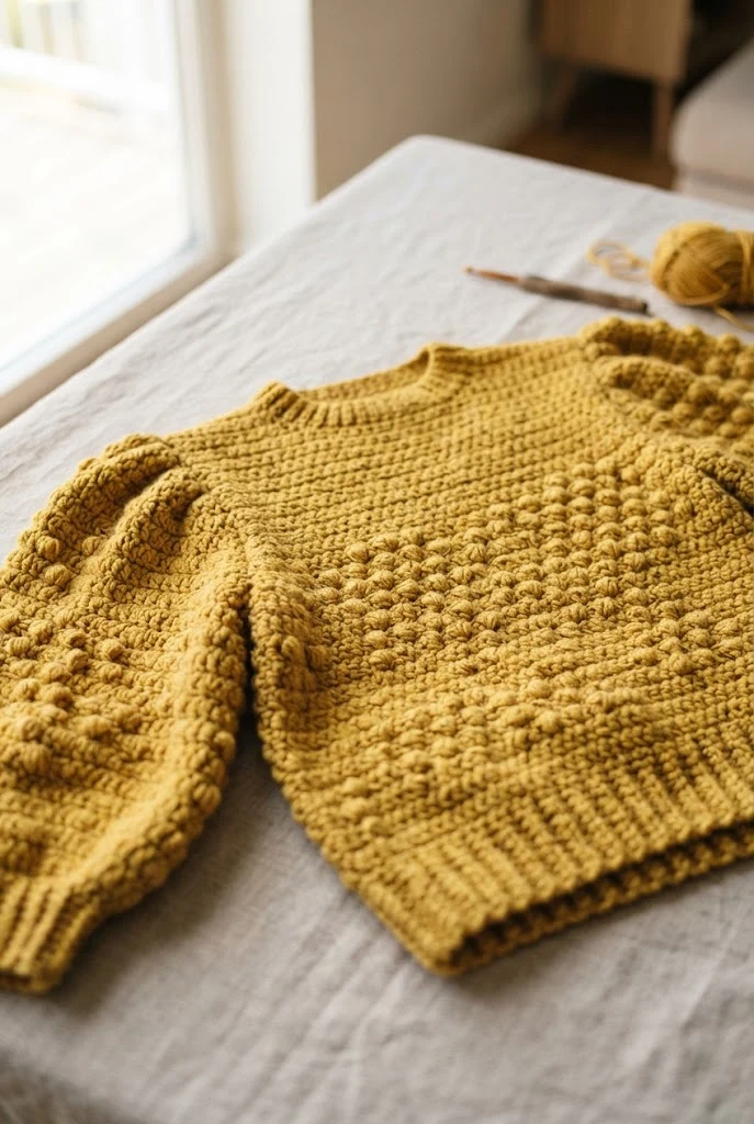Mustard Yellow Puff-Sleeve Sweater — crochet tops for fall