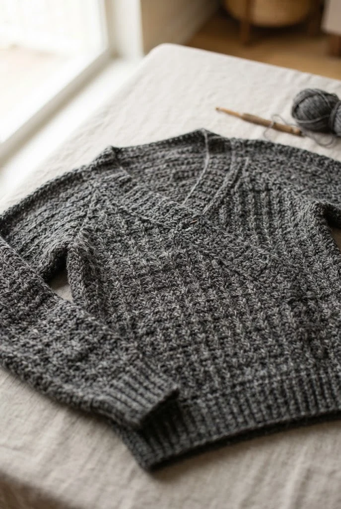 Charcoal Grey Mock-Wrap Pullover — crochet tops for fall
