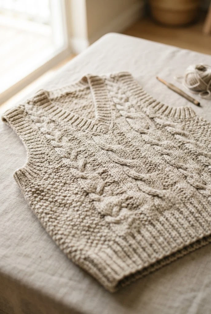 Oatmeal Cable-Stitch Vest — crochet tops for fall