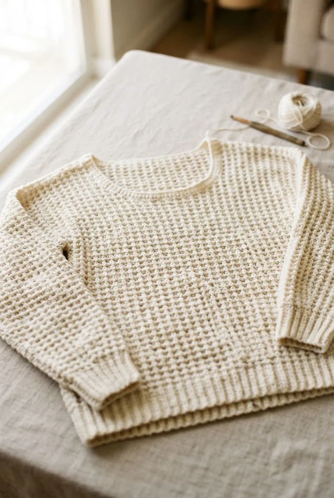 Cream Thermal-Stitch Oversized Top — crochet tops for fall