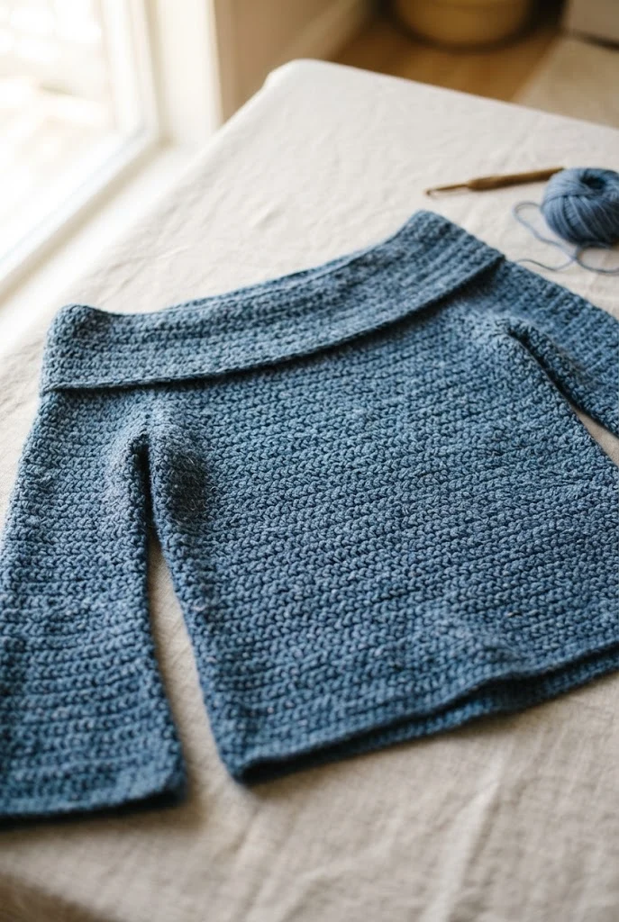 Slate Blue Slouchy Off-Shoulder Top — crochet tops for fall