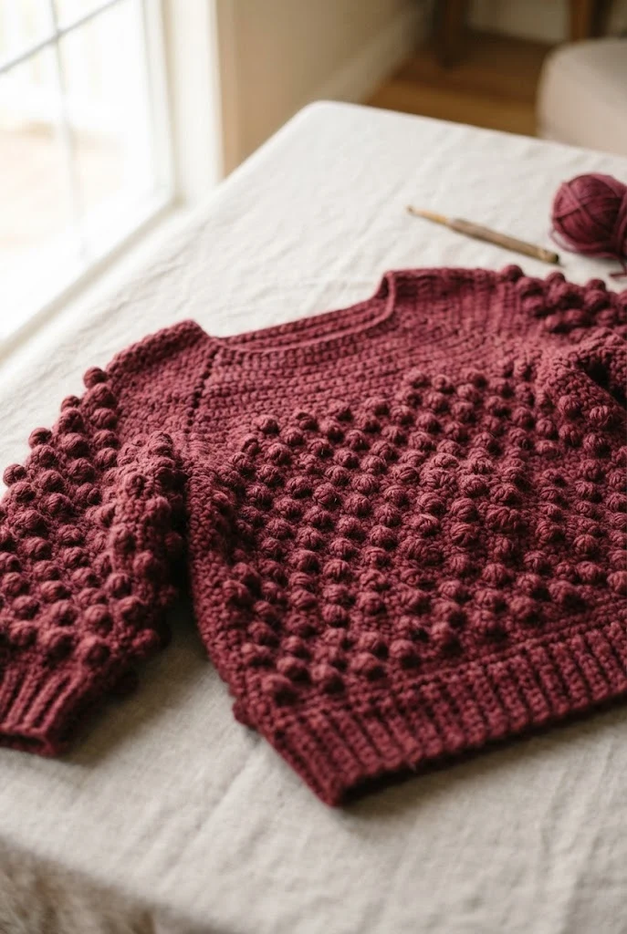 Burgundy Bobble Sleeve Blouse — crochet tops for fall