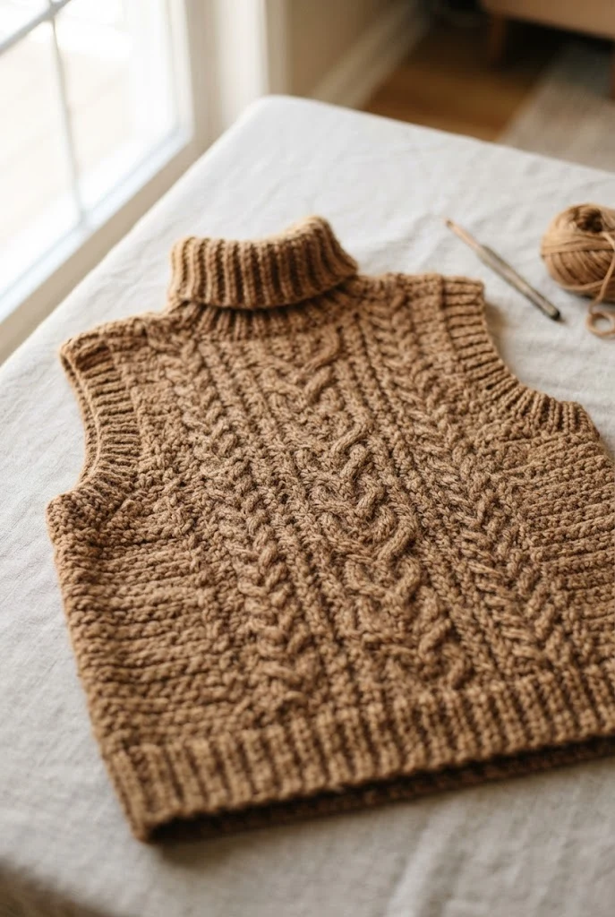 Rustic Caramel Turtleneck Vest — crochet tops for fall