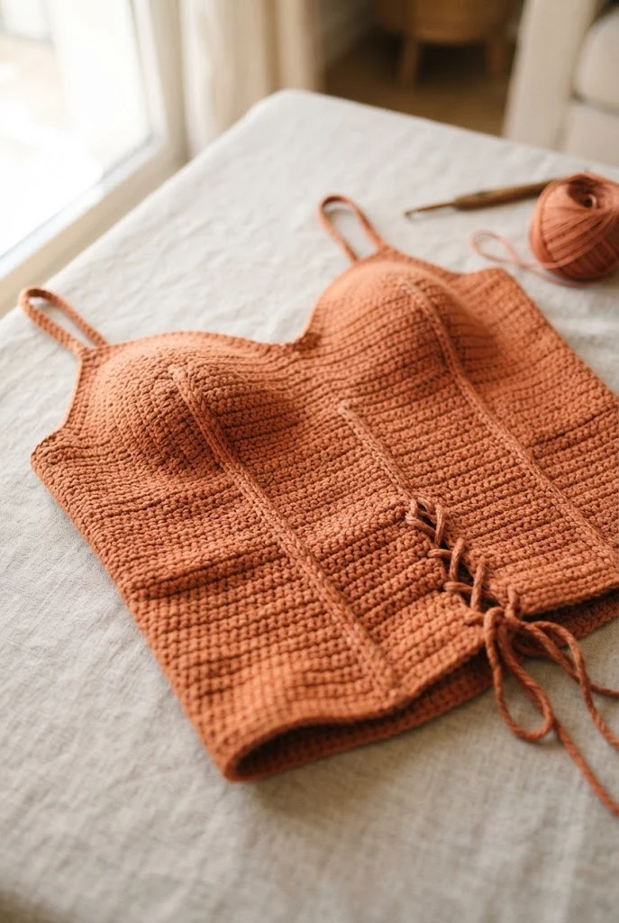 Terracotta Corset-Style Cami — crochet tops for fall