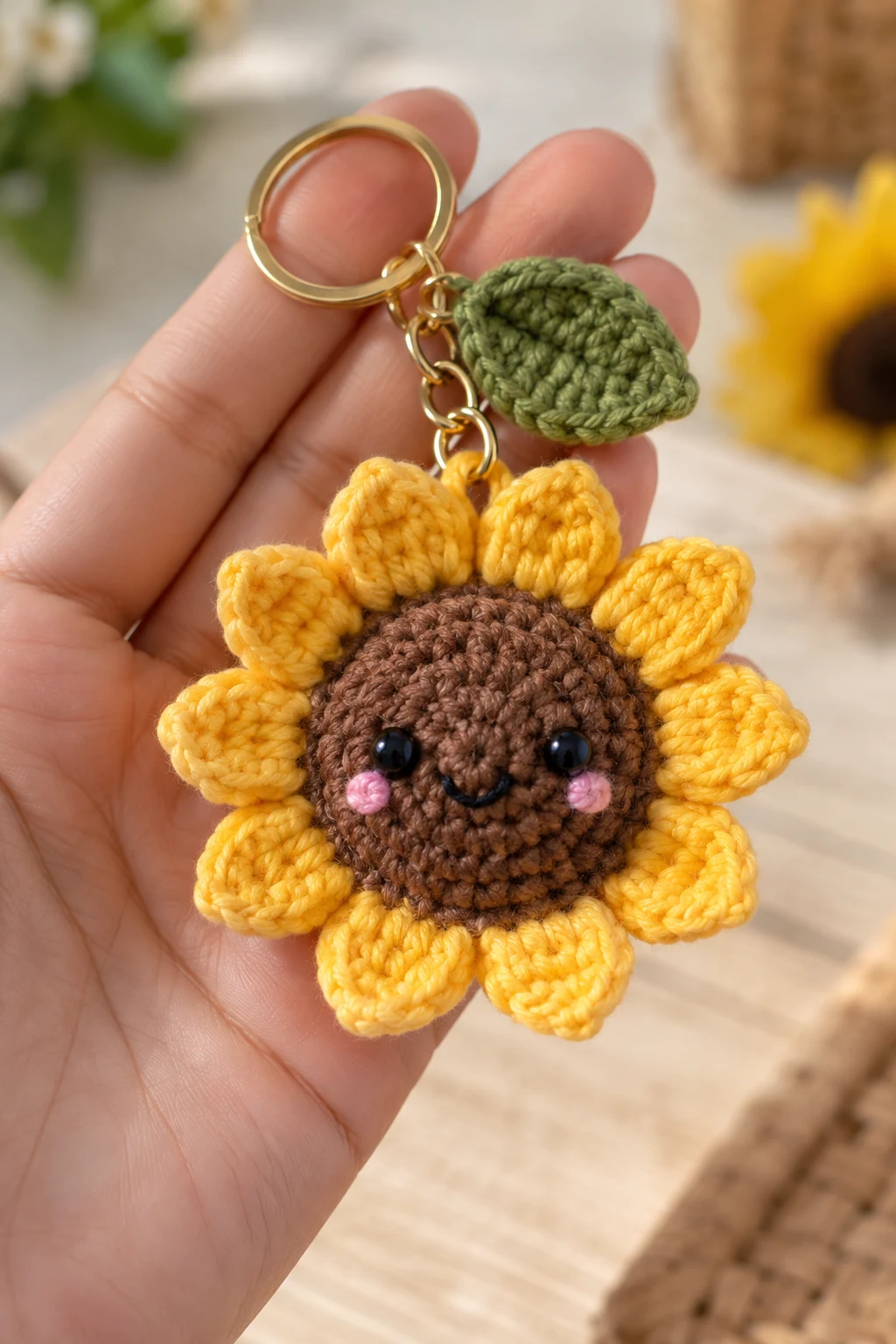 Mini Crochet Sunflower Keychain — crochet toy keychain style outfit