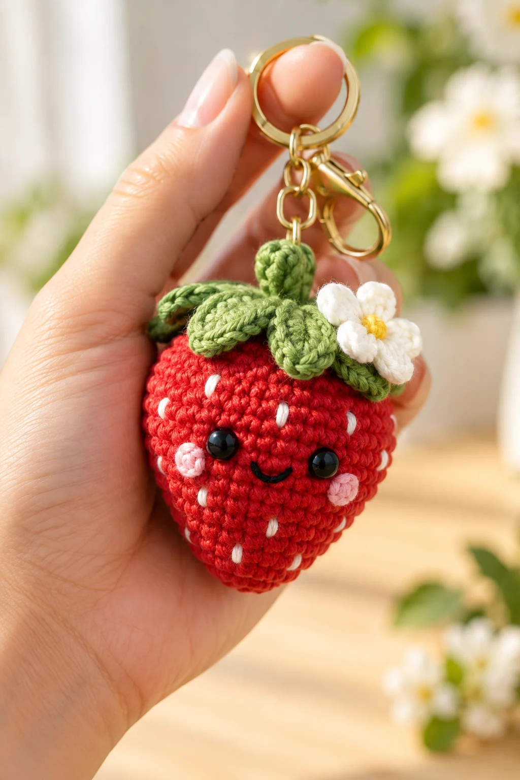 Smiling Strawberry Amigurumi Keychain — crochet toy keychain style outfit