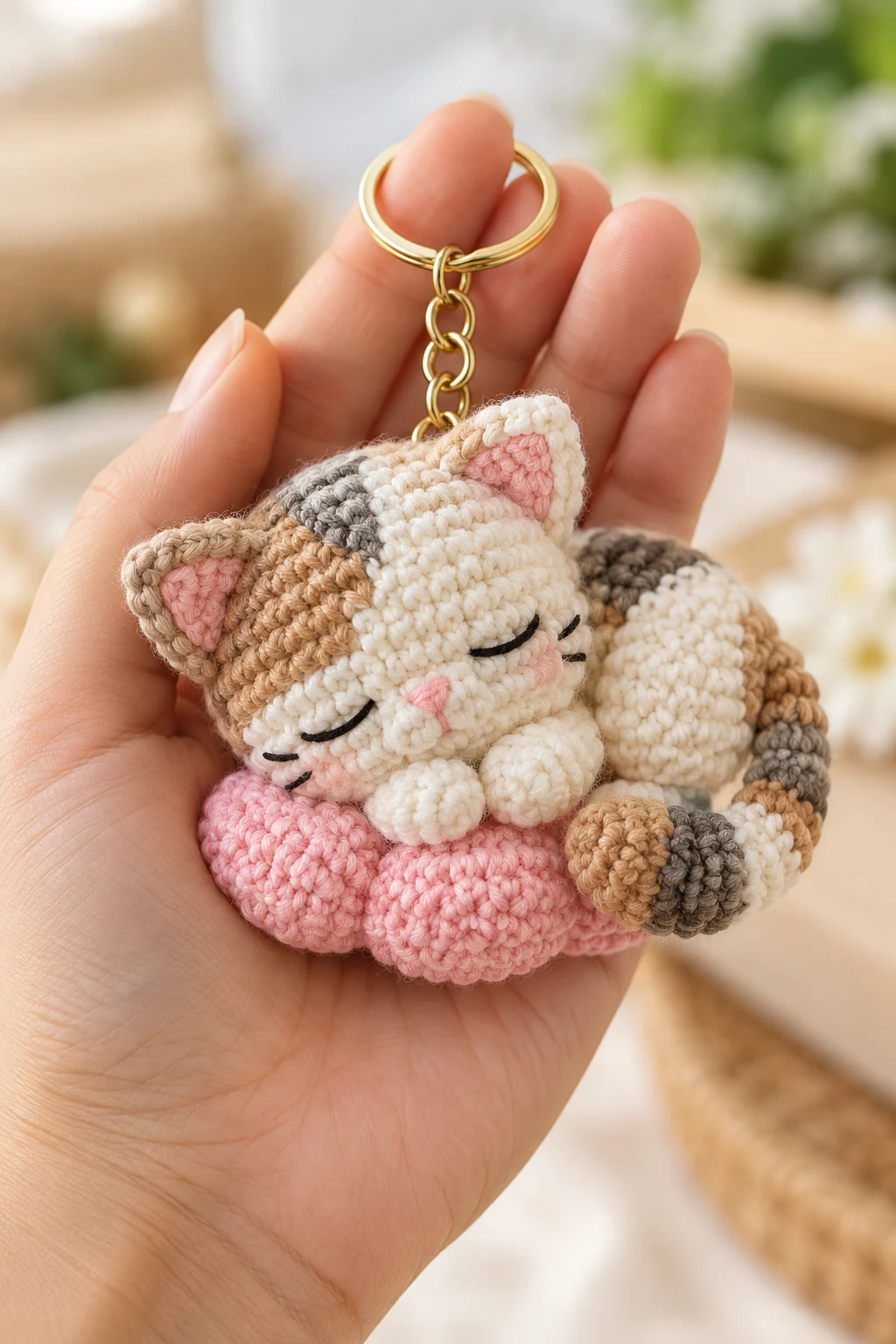 Sleepy Cat Crochet Doll Keychain — crochet toy keychain style outfit