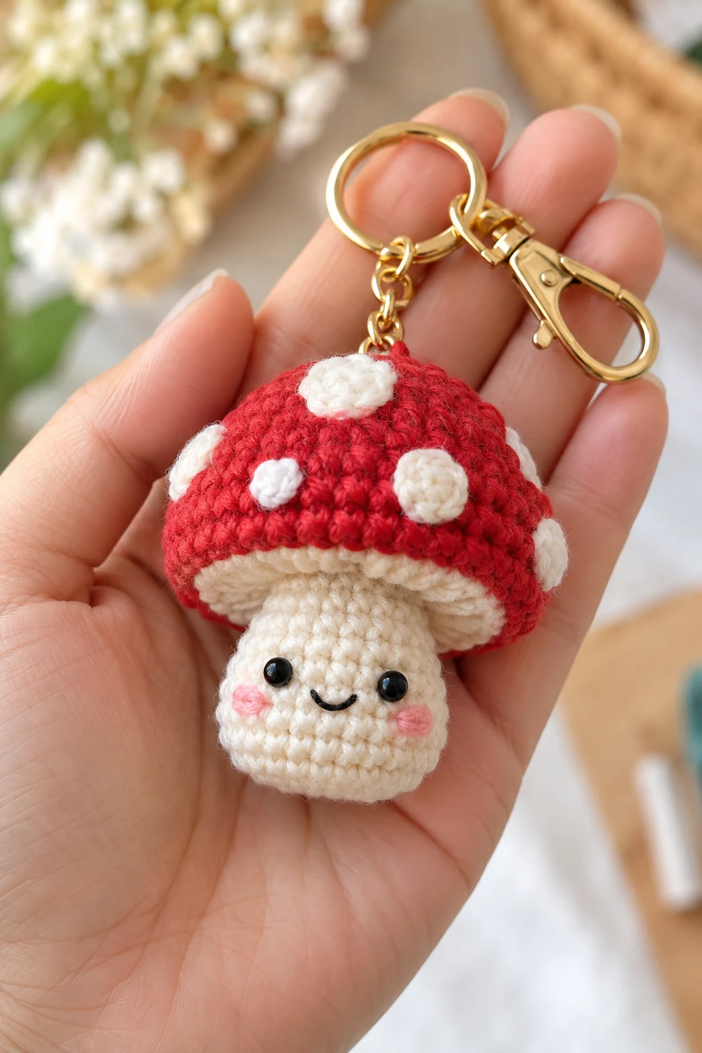 Tiny Crochet Mushroom Keychain — crochet toy keychain style outfit