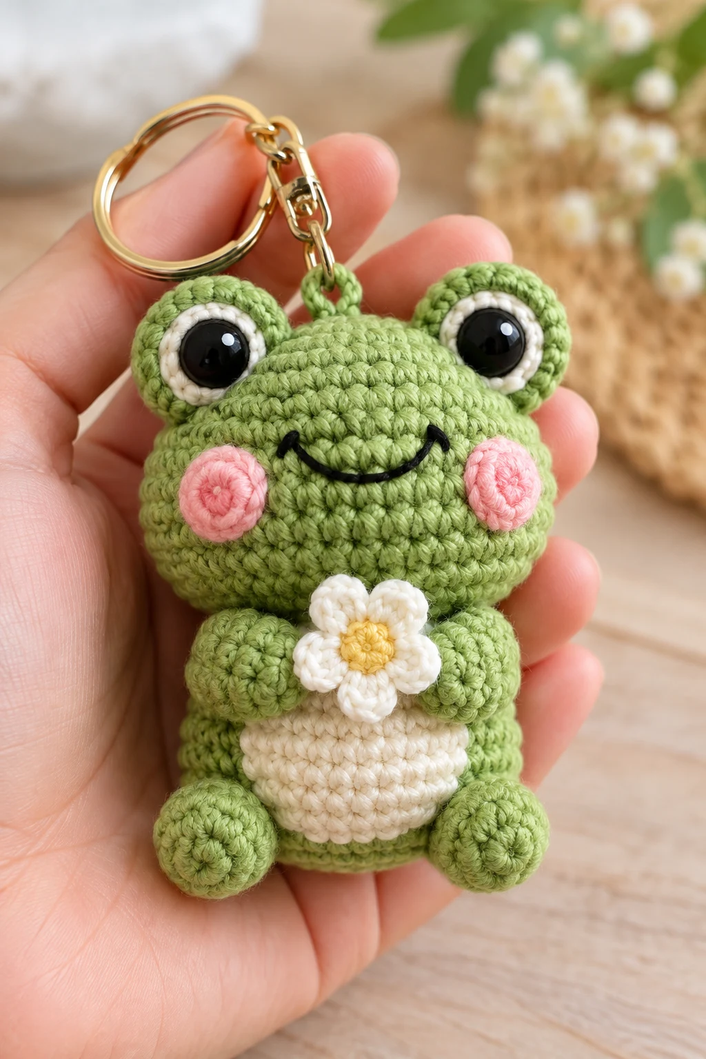 Mini Crochet Frog With Blush Cheeks — crochet toy keychain style outfit