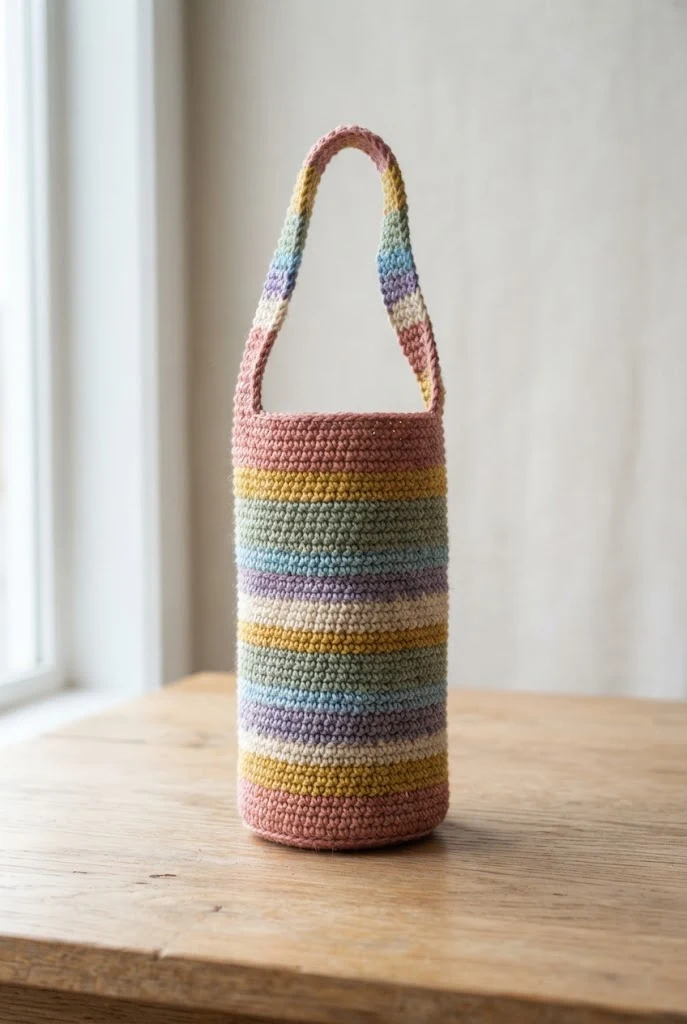 Rainbow Striped Energy Drink Bag — crochet water bottle bag style outfit