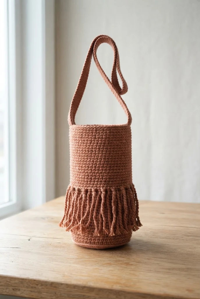 Boho Fringe Water Bottle Carrier — crochet water bottle bag style outfit