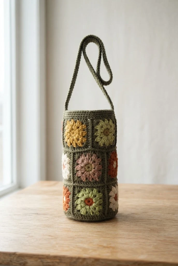 Retro Granny Square Drink Holder — crochet water bottle bag style outfit