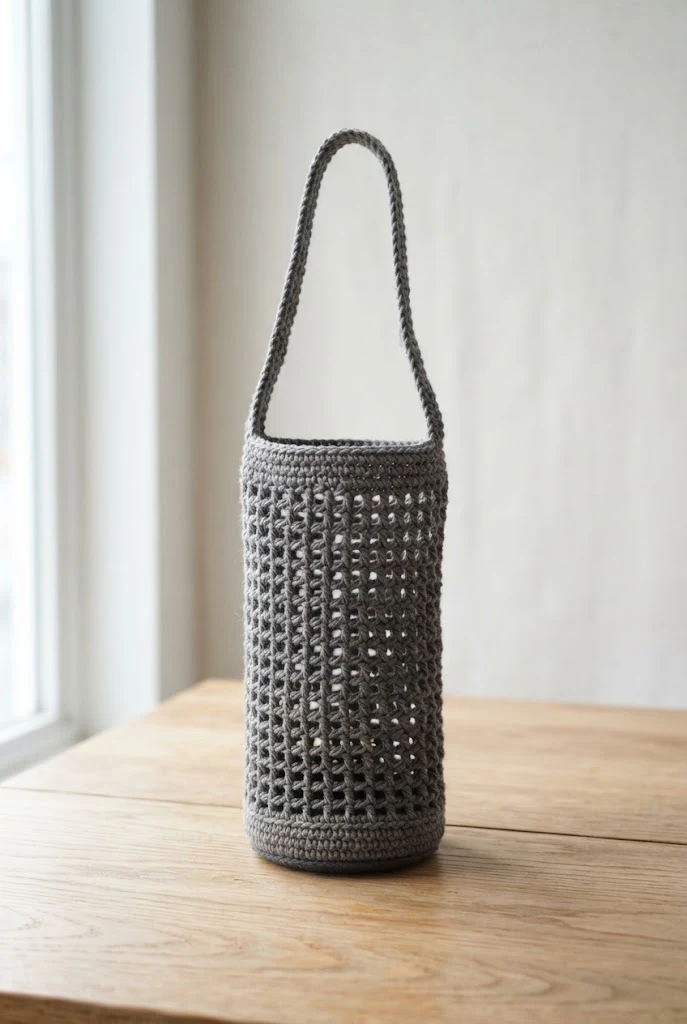 Minimalist Charcoal Mesh Drink Bag — crochet water bottle bag style outfit