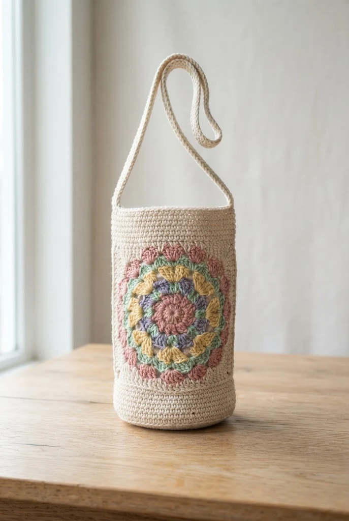 Pastel Dream Mandala Water Bottle Holder — crochet water bottle bag style outfit