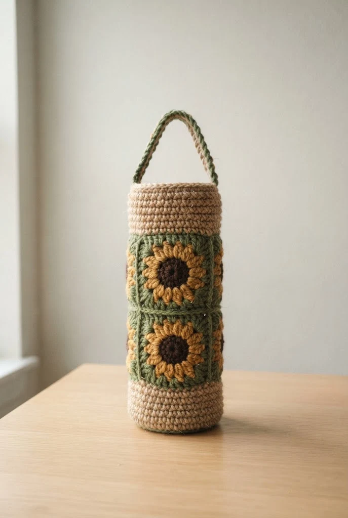 Sunflower Motif Vineyard Carrier — crochet wine bag style outfit