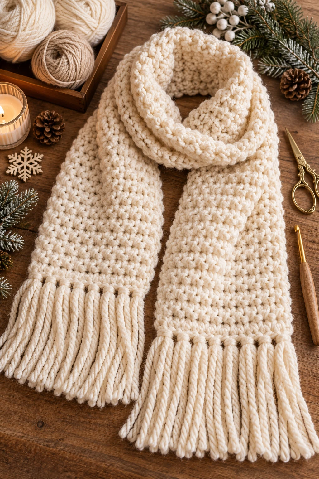 Chunky Cream Crochet Winter Scarf — crochet winter style outfit