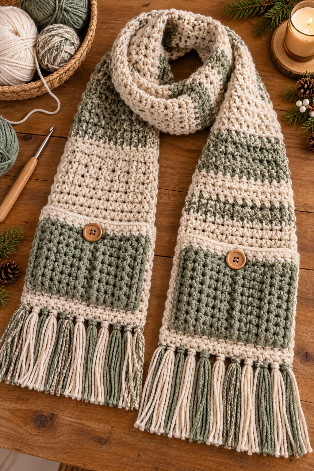 Crochet Winter Scarf With Pockets — crochet winter style outfit